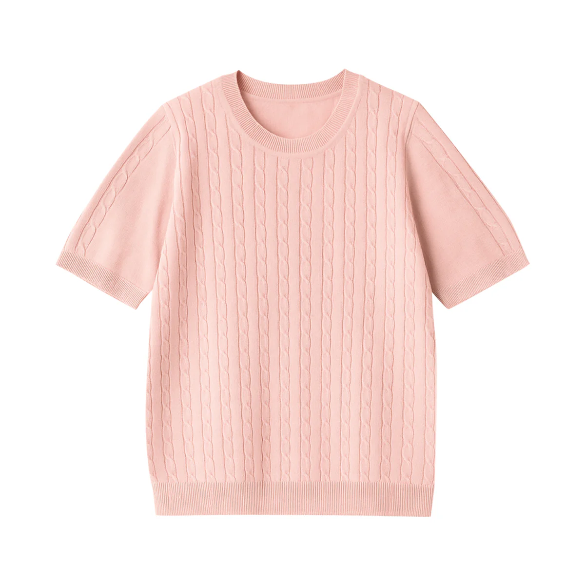 Womens Round Neck Premium Cable Knit Short Sleeve Sweater - Image 10