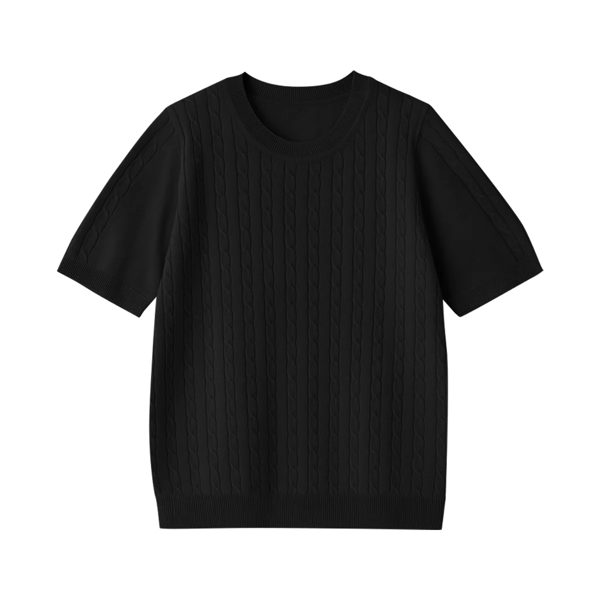 Womens Round Neck Premium Cable Knit Short Sleeve Sweater - Image 12