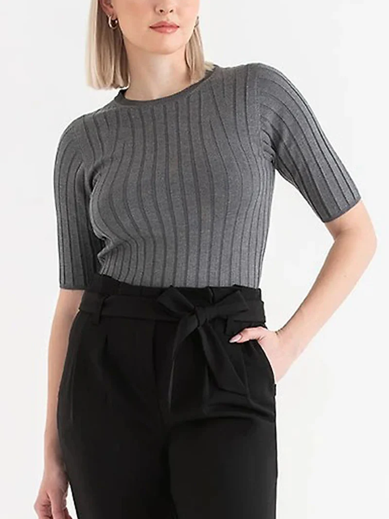 Womens Short Sleeve Ribbed Crew Neck Lightweight Sweater - Image 2